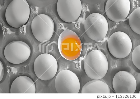 A single cracked open egg among rows of whole white eggs, contrast concept. One Broken Egg Among Many Whole Ones 115526130