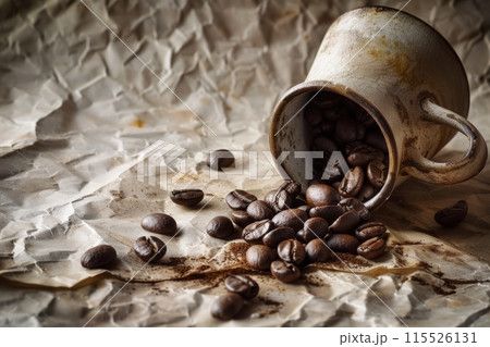 A vintage cup lying sideways with coffee beans spilling onto textured paper. Spilled Coffee Beans from Rustic Cup 115526131