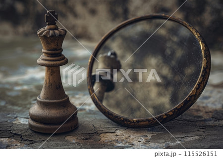 A solitary chess queen piece beside a vintage mirror reflecting a pawn, symbolizing self-reflection and strategy. Chess Queen and Reflection in Old Mirror 115526151