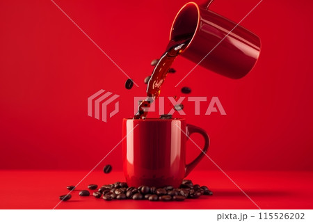 Steamy coffee being poured into a red mug surrounded by scattered coffee beans on a red background. Pouring Coffee into Mug with Beans Spilling 115526202