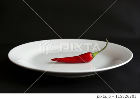 Minimalist composition with a vibrant red chili pepper placed centrally on a white plate. Single Red Chili Pepper on White Plate 115526203