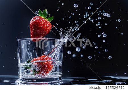 High-speed capture of a strawberry splashing into clear water in a glass, with water droplets in air. Strawberry Splashing into Water in Glass 115526212