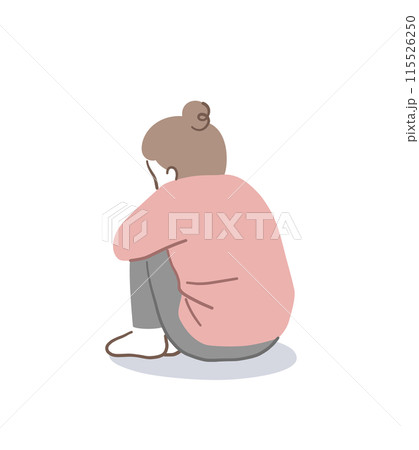 体育座りで考え事をしている後ろ姿の女性のイラスト素材 115526250