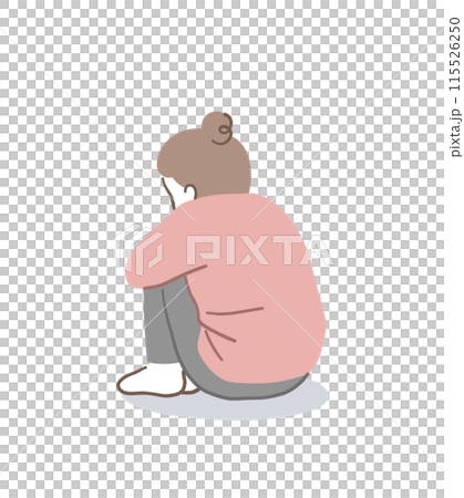 体育座りで考え事をしている後ろ姿の女性のイラスト素材 115526250