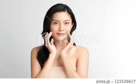 Beautiful young asian woman with clean fresh skin on white background, Face care, Facial treatment, Cosmetology, beauty and spa, Asian women portrait. Beautiful young asian woman with clean fresh skin on white background, Face care, Facial treatment, Cosmetology, beauty and spa, Asian women portrait. 115526617