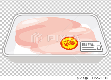 Chicken breast meat with a half-price sticker on it, packaged chicken 115526810