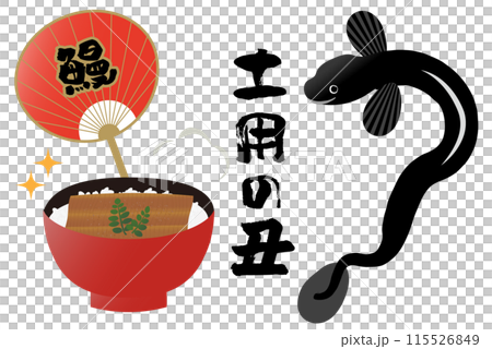 「土用の丑」という筆文字とうちわとうなぎのイラストセット 115526849