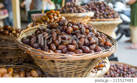 Display a basket overflowing with fresh dates, known for their natural sweetness 115527485