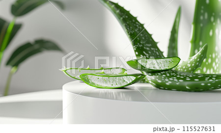 Natural skin care. Aloe vera slices on white podium. 115527631