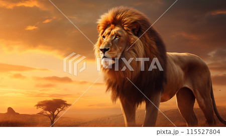 A regal lion on an African savannah at sunrise, powerful and majestic, suitable for luxury branding 115527804