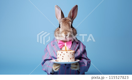 Creative animal concept, a rabbit holding a birthday cake, dressed in a summer vest, isolated on a bright indigo background, suitable for both advertisement and birthday invites. 115527823