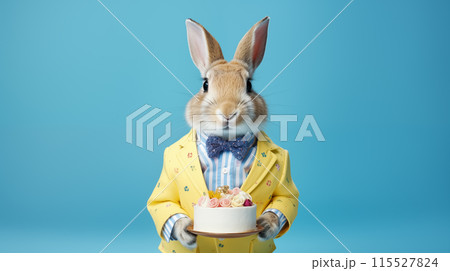 Creative animal concept, a rabbit holding a birthday cake, dressed in a summer vest, isolated on a bright indigo background, suitable for both advertisement and birthday invites. 115527824
