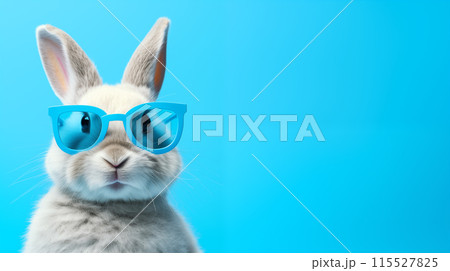 Creative animal concept, a rabbit in a light summer scarf, isolated on a bright blue background, perfect for an eye-catching advertisement or a fun birthday party invitation banner 115527825