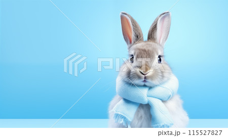 Creative animal concept, a rabbit in a light summer scarf, isolated on a bright blue background, perfect for an eye-catching advertisement or a fun birthday party invitation banner 115527827