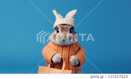 Creative animal concept, a rabbit in a knit sweater, holding a shopping bag, isolated on a bright indigo background, suitable for both advertisement and birthday invites. 115527828