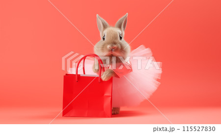 Creative animal concept, a rabbit in a tutu skirt, holding a shopping bag, isolated on a bright coral background, great for a vibrant advertisement or a summer-themed birthday invi 115527830