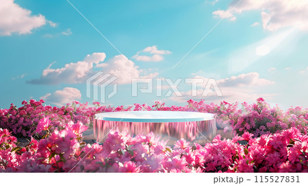 Crystal podium in a field of blooming azaleas, radiant blue sky, luxurious and perfect for exclusive reveals 115527831