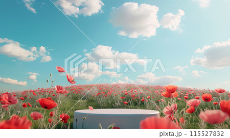 Elevated podium in a field of poppies, bright blue sky, dramatic backdrop for high-impact product presentations 115527832