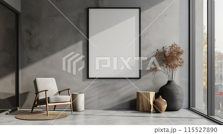 The image shows a minimal living room with a large blank picture frame on the concrete wall 115527890