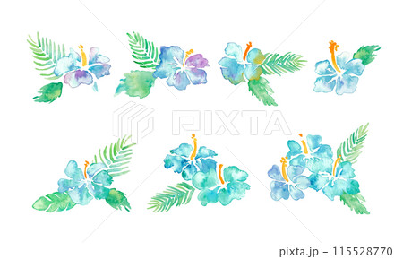 水彩画。水彩タッチのハイビスカスイラスト。南国風青いハイビスカスベクター水彩フレーム背景。 水彩画。水彩タッチのハイビスカスイラスト。南国風青いハイビスカスベクター水彩フレーム背景。 115528770