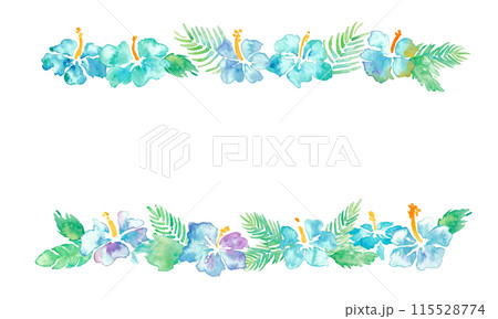 水彩画。水彩タッチのハイビスカスイラスト。南国風青いハイビスカスベクター水彩フレーム背景。 115528774