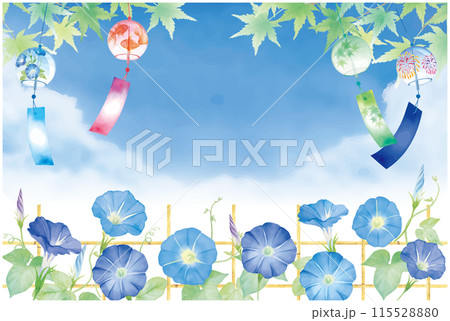 水彩タッチの風鈴と朝顔の夏の爽やかな暑中見舞いイラスト 水彩タッチの風鈴と朝顔の夏の爽やかな暑中見舞いイラスト 115528880