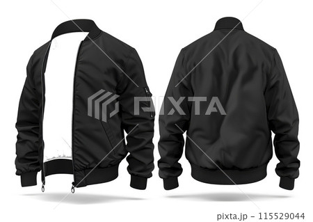 AI-generated item. Blank black bomber jacket isolated on white background. 115529044