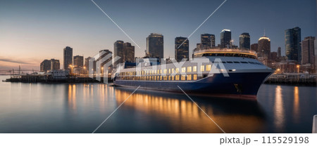 Rendering of a ferry approaching a dock in a port with numerous urban buildings in the background Rendering of a ferry approaching a dock in a port with numerous urban buildings in the background 115529198