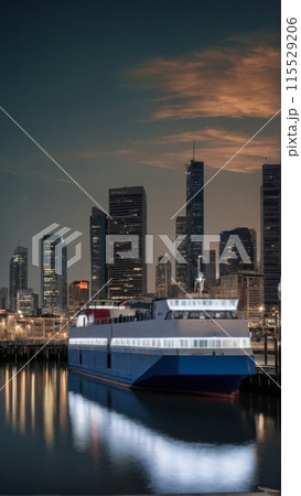 Rendering of a ferry approaching a dock in a port with numerous urban buildings in the background 115529206