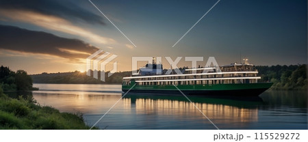 Rendering of a ferry transporting cars and passengers across a wide river with green banks 115529272