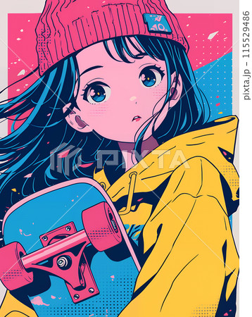 スケボーを持つアニメ風の女の子 AIのイラスト素材 [115529486] - PIXTA