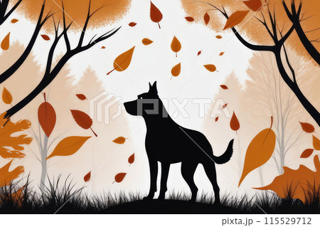 Beautiful and cute dog playing with fall leaves in autumn park. 115529712