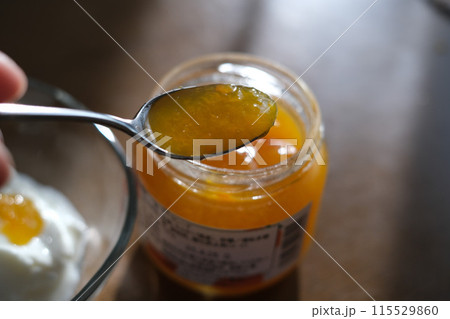 スプーンにとったヨーグルトソース 115529860