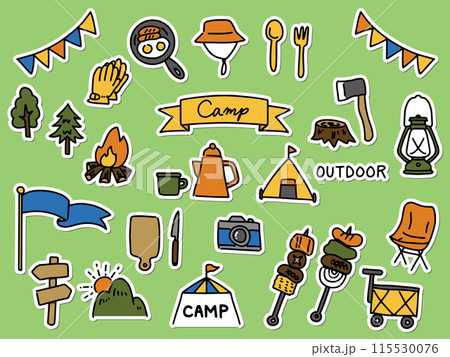 ステッカー風手書きのキャンプイラストセット 115530076
