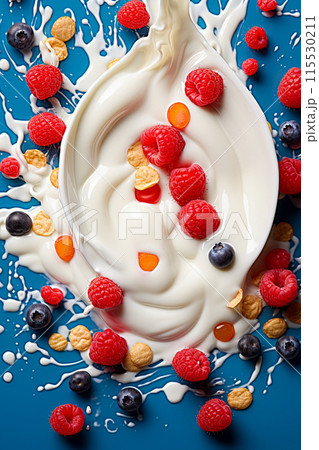 Raspberries, blueberries and strawberrie in a splash of milk. Healthy breakfast. Generative Ai Raspberries, blueberries and strawberrie in a splash of milk. Healthy breakfast. Generative Ai 115530211