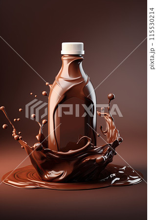 Chocolate milk Bottle mockup with chocolate splash. Blank space for a label, text, logo design. Generative Ai 115530214