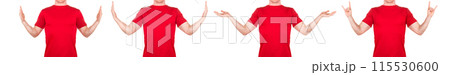 Man in red t-shirt showing or holding something in his arm on white background 115530600
