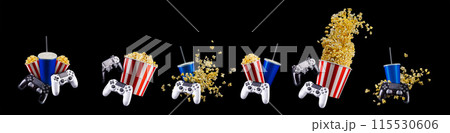 Paper bucket with popcorn, cup of drink and video game joystick on black 115530606