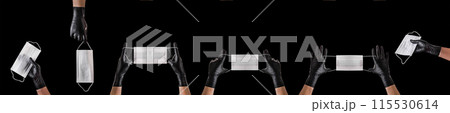 Hand in black gloves wearing disposable face mask isolated on black background Hand in black gloves wearing disposable face mask isolated on black background 115530614
