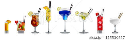 Set of cocktails with decoration from fruits isolated on white background 115530627
