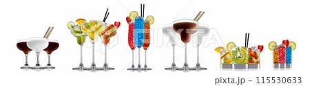 Set of cocktails with decoration from fruits isolated on white background Set of cocktails with decoration from fruits isolated on white background 115530633
