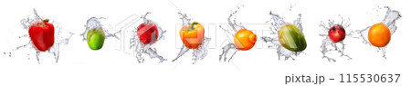 Group of fruits with water splash isolated on white background 115530637