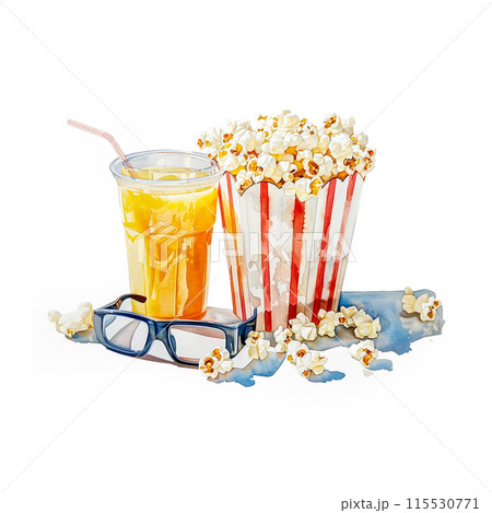 白背景に映画鑑賞セットの水彩イラスト 115530771