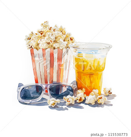 白背景に映画鑑賞セットの水彩イラスト 115530773