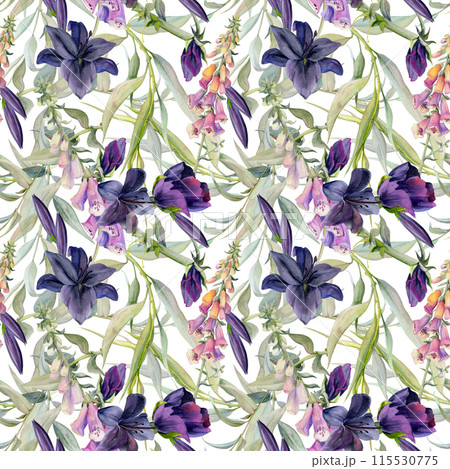 Hand drawn watercolor illustration boho botanical flowers leaves. Foxglove snapdragon lupin, willow eucalyptus, lily clivia amaryllis. Seamless pattern isolated on white. Design wedding, love cards 115530775