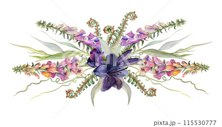 Hand drawn watercolor illustration botanical flowers leaves. Lily clivia amaryllis, foxglove snapdragon lupin, forest fern shoot, tendrils, willow eucalyptus. Bouquet isolated on white. Wedding, cards Hand drawn watercolor illustration botanical flowers leaves. Lily clivia amaryllis, foxglove snapdragon lupin, forest fern shoot, tendrils, willow eucalyptus. Bouquet isolated on white. Wedding, cards 115530777
