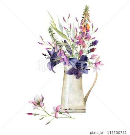 Hand drawn watercolor illustration botanical flowers leaves. Lily clivia amaryllis, foxglove snapdragon lupin, pink lobelia jasmine, willow eucalyptus. Bouquet in jug isolated on white. Wedding, cards Hand drawn watercolor illustration botanical flowers leaves. Lily clivia amaryllis, foxglove snapdragon lupin, pink lobelia jasmine, willow eucalyptus. Bouquet in jug isolated on white. Wedding, cards 115530781