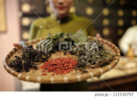 Apothecary Holding Tray With Dried Herbs 115530797