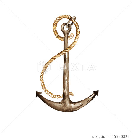 watercolor vintage antique ship anchor with rope, textured brown metal anchor, illustration of historical marine theme, isolated white background 115530822