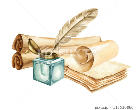 feather quill dip pen and vintage green glass inkwell, stack of old brown paper, aged scrolled papyrus, watercolor illustration of historical theme, antique devices for writing on white background feather quill dip pen and vintage green glass inkwell, stack of old brown paper, aged scrolled papyrus, watercolor illustration of historical theme, antique devices for writing on white background 115530860
